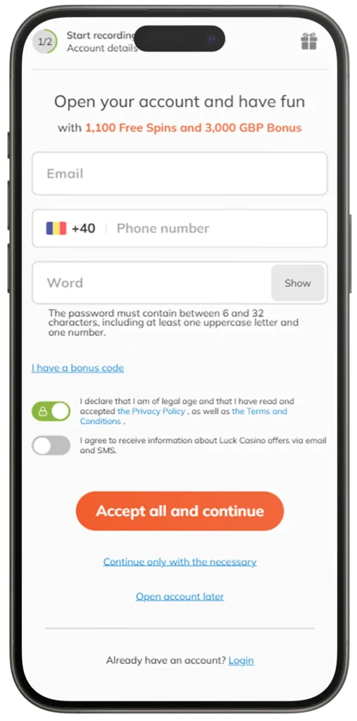Registration on Luck Casino UK App